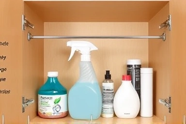 Kitchen cabinet organization with a tension rod for efficient storage.