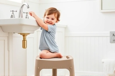 Toddler using adjustable step stool independently in bathroom