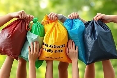 Hands holding various local trash bags.
