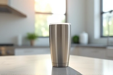 Sleek stainless steel tumbler on a kitchen counter with sunlight.