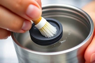 Close-up of cleaning a tumbler's rubber gasket with a brush.