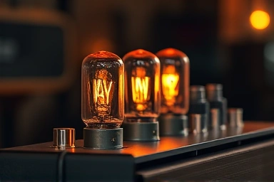 Warmly glowing vacuum tube amplifier with vintage aesthetic.