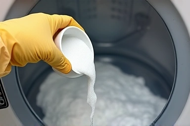 Pouring baking soda into washing machine for cleaning.