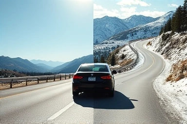 Car driving on highway versus snowy mountain road