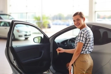 Excited young person receiving keys to a used car.
