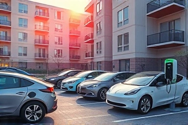 Modern apartment complex with electric car charging stations.