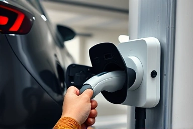 Connecting an electric vehicle to a charger in an apartment garage.