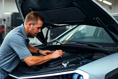 Automotive technician working on futuristic electric car