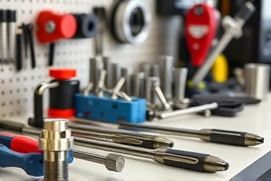 Automotive tools arranged on a clean workbench