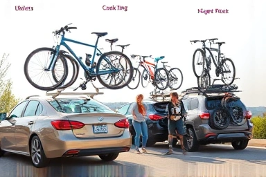 People loading bicycles onto cars with various bike racks