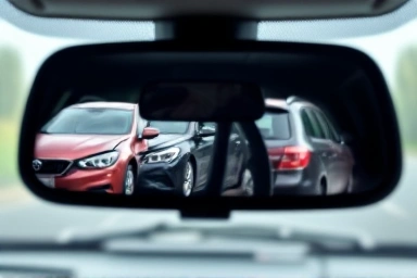 Close-up of a car's dashcam lens reflecting accident aftermath.