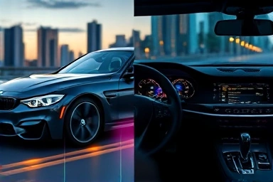 BMW and Mercedes-Benz cars with glowing digital lines representing coding features.
