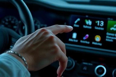 Driver using car's advanced infotainment system with holographic feature overlays.