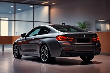 Luxury electric sedan BMW i5 M60 in showroom with subtle financial graphics.