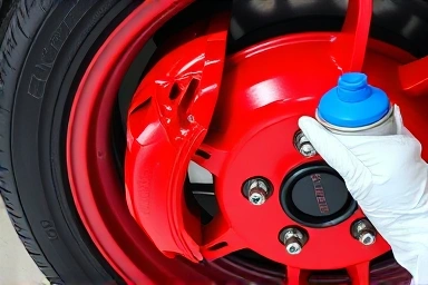 Car brake caliper being painted red with spray paint, masked wheel.