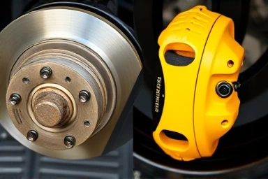 Before and after of a car brake caliper transformation, dull to vibrant color.