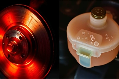 Overheated brake disc and bubbling brake fluid, representing brake failure.