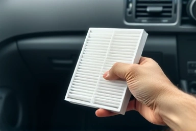 Hand holding new car AC filter near car interior