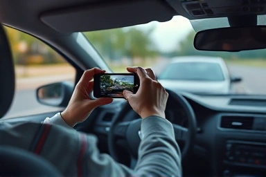 Driver documenting minor car accident scene calmly.
