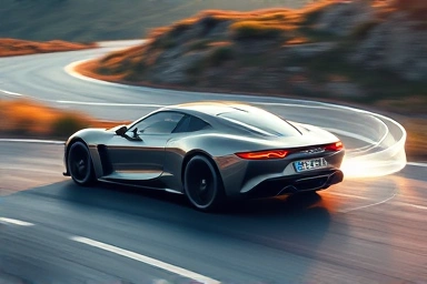 Futuristic car with visualized wind currents, emphasizing aerodynamics