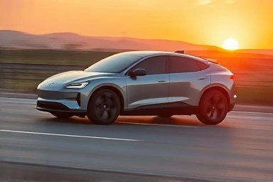 Aerodynamic electric car on highway at sunset, symbolizing efficiency.