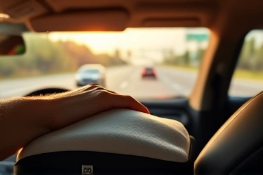 Comfortable driver's arm on car armrest cushion during long drive