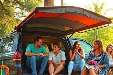 Car awning setup providing ample shade for outdoor camping activities.