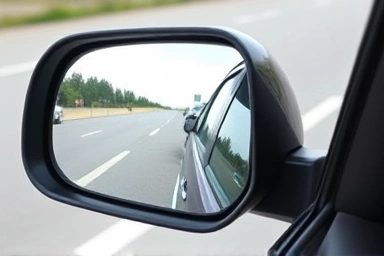 Close-up of car side mirror with convex auxiliary mirror showing wider view.