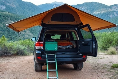 SUV car camping with a spacious docking tent attached.