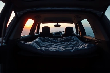 Cozy car camping sleeping setup with a mat inside SUV.