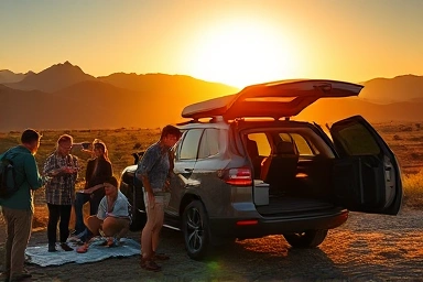 People camping with SUV in nature