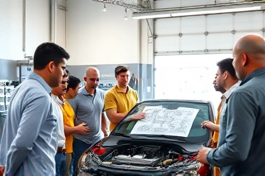 Car club members sharing auto repair knowledge at a partner shop.
