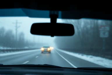 Clear car windshield on a foggy winter morning.