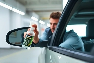 Applying car defogging spray to a side mirror.