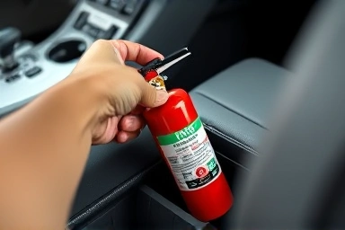 Certified car fire extinguisher placed for easy access