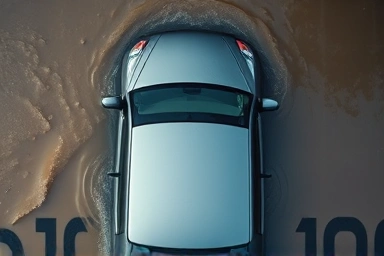 Submerged car in floodwaters, symbol of property damage.