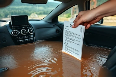 Damaged car interior after flooding, showing financial loss.