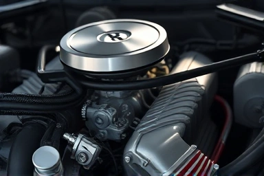 Clean car engine internal components, polished machinery.