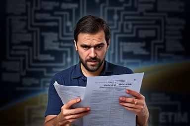Frustrated person facing complex car insurance application maze.