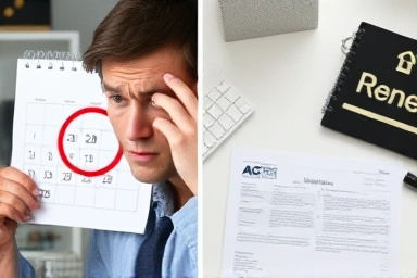 Worried person missing car insurance deadline, then relief with organized renewal.