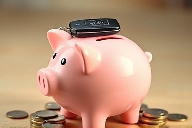Piggy bank with car key and flowing coins