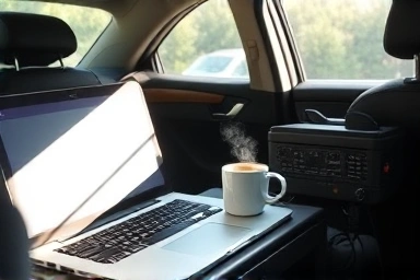 Car interior with laptop and coffee powered by inverter.