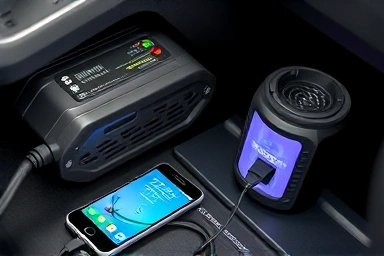 Car inverter powering multiple electronic devices from vehicle battery.
