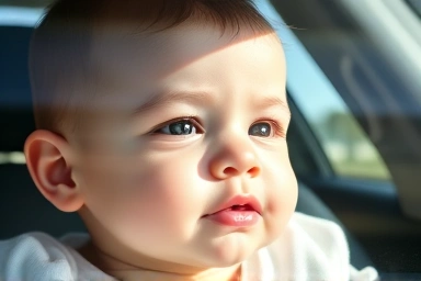 Baby skin protected by car sunshade from harsh sunlight.