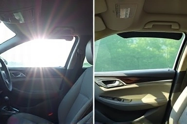 Car interior contrast: harsh sunlight vs. sunshade comfort.