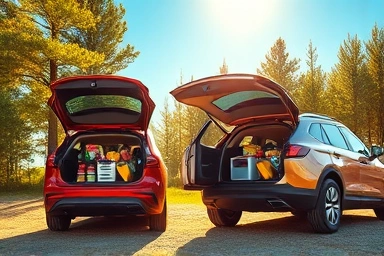 Family enjoying a camping trip with a car refrigerator.
