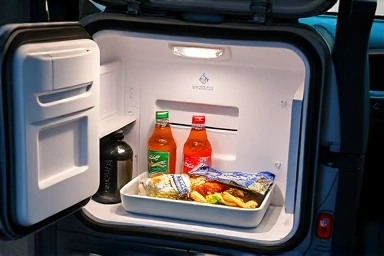 Close-up of a portable car refrigerator with chilled drinks and warm food.