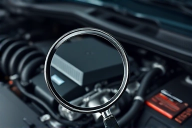 Car engine inspection with magnifying glass uncovering issues.