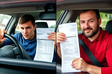 Confused driver vs. confident driver with car repair invoice.