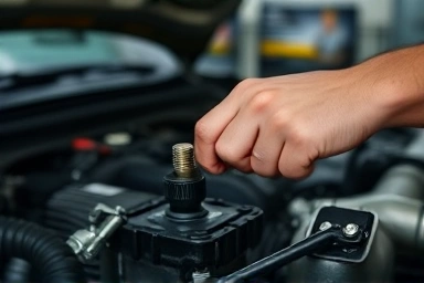 Mechanic's hands working on car engine, expert repair